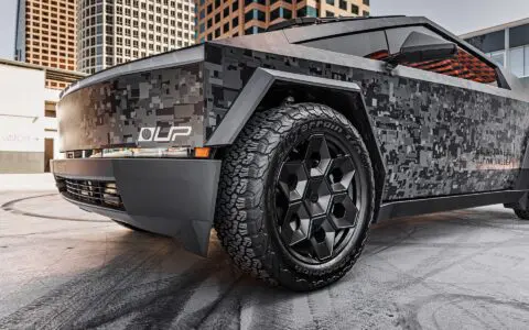 Digital Camo Wrapped Tesla Cybertruck - UP CYBERHEX Wheels in Satin Black