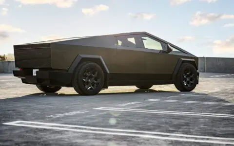 Pure Platinum Wrapped Tesla Cybertruck - UP CYBRHEX Wheels in Satin Black
