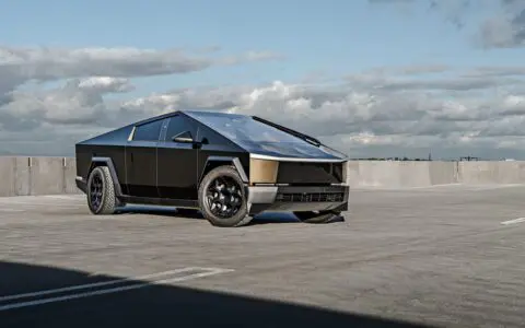 Pure Platinum Wrapped Tesla Cybertruck - UP CYBRHEX Wheels in Satin Black