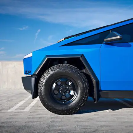 Matte Blue Tesla Cybertruck With UP.FIT Forged Police Car Wheels In Satin Black Image 1