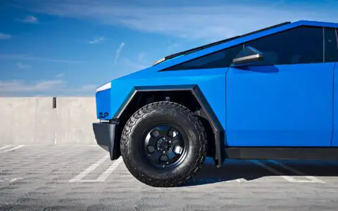 Matte Blue Tesla Cybertruck With UP.FIT Forged Police Car Wheels In Satin Black Image 1