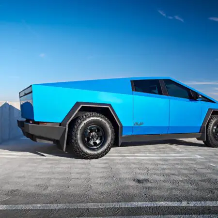 Matte Blue Tesla Cybertruck With UP.FIT Forged Police Car Wheels In Satin Black Image 11