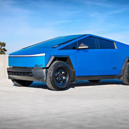Matte Blue Tesla Cybertruck With UP.FIT Forged Police Car Wheels In Satin Black Image 3