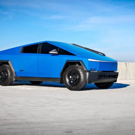 Matte Blue Tesla Cybertruck With UP.FIT Forged Police Car Wheels In Satin Black Image 8