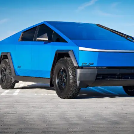 Matte Blue Tesla Cybertruck With UP.FIT Forged Police Car Wheels In Satin Black Image 9