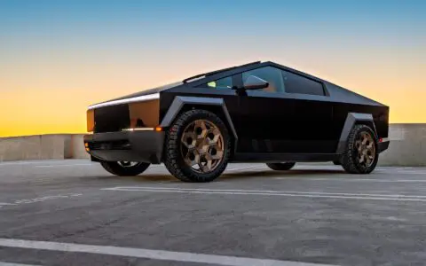 Gloss Black Wrapped Tesla Cybertruck on 24 inch Bronze CYBRHEX Forged Wheels