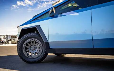 Gloss Dusk Sky Blue Tesla Cybertruck - UP-03 Forged Beadlock Wheels in Satin Titanium