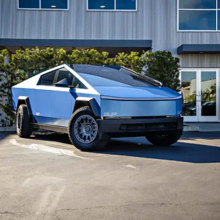Gloss Dusk Sky Blue Tesla Cybertruck - UP-03 Forged Beadlock Wheels in Satin Titanium