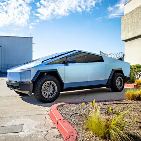 Gloss Dusk Sky Blue Tesla Cybertruck - UP-03 Forged Beadlock Wheels in Satin Titanium