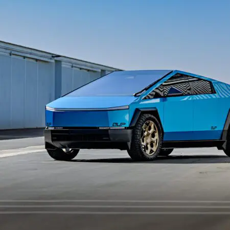 DennisCW’s Gloss Metallic Blue Tesla Wrapped Cybertruck on 24 inch CYBRHEX Forged Wheels in Satin Bronze