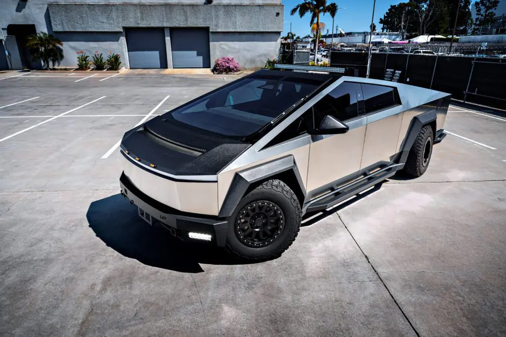 Cybertruck with Front and Rear Invincible Steel Bumpers, UP-03 Beadlock Forged Wheels, and Bedliner Finished Carbon Fiber Parts