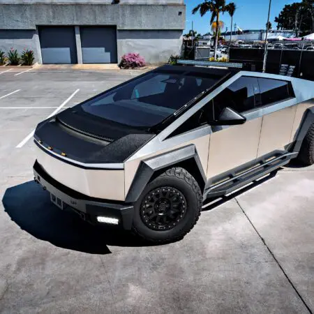 Cybertruck with Front and Rear Invincible Steel Bumpers, UP-03 Beadlock Forged Wheels, and Bedliner Finished Carbon Fiber Parts