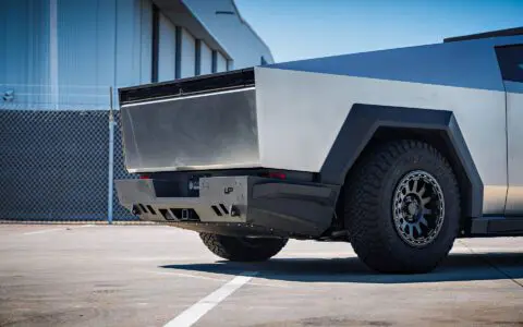 Cybertruck with Front and Rear Invincible Steel Bumpers, UP-03 Beadlock Forged Wheels, and Bedliner Finished Carbon Fiber Parts