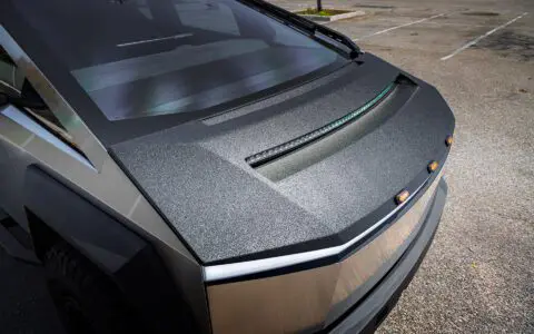 Cybertruck with Front and Rear Invincible Steel Bumpers, UP-03 Beadlock Forged Wheels, and Bedliner Finished Carbon Fiber Parts