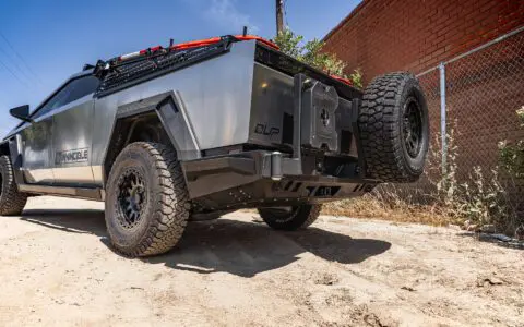 INVINCIBLE Cybertruck with Steel Bumpers and Accessories on UP-03 Beadlock Wheels in Satin Black
