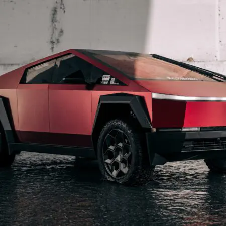 DennisCW’s Matte Metallic Red Wrapped Cybertruck on CYBRHEX Forged Wheels