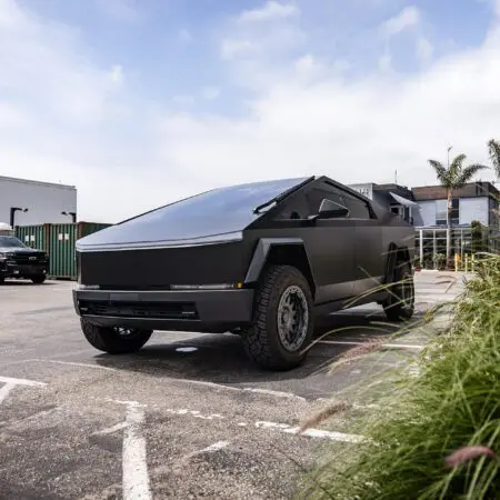 Matte Black Wrapped Cybertruck with Starlink Mount on UP-03 Forged Beadlock Wheels in Satin Titanium