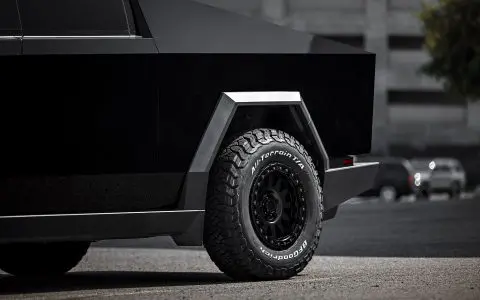 Gloss Black Wrapped Cybertruck on 18" UP-03 Beadlock Forged Wheels in Satin Black