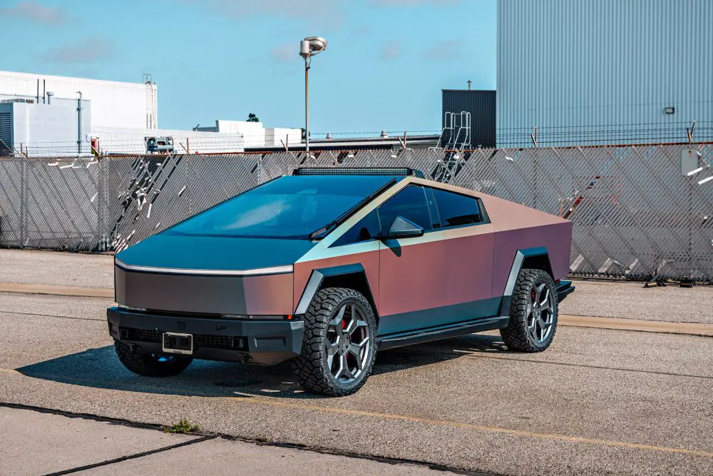 CYBERODYSSEY Holographic Wrapped Tesla Cybertruck on UP Forged CYBRSPOKE Wheels in Satin Black