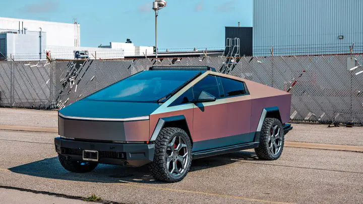 CYBERODYSSEY Holographic Wrapped Tesla Cybertruck on UP Forged CYBRSPOKE Wheels in Satin Black