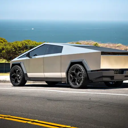 Stainless Steel Tesla Cybertruck on 24-Inch UP Forged CYBRSPOKE Wheels in Satin Black