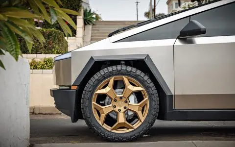 Stainless Steel Tesla Cybertruck on 24-Inch UP Forged CYBRSPOKE in Satin Bronze