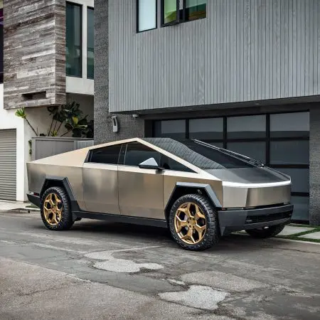 Stainless Steel Tesla Cybertruck on 24-Inch UP Forged CYBRSPOKE in Satin Bronze