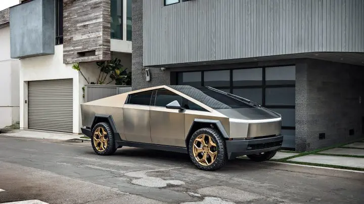 Stainless Steel Tesla Cybertruck on 24-Inch UP Forged CYBRSPOKE in Satin Bronze