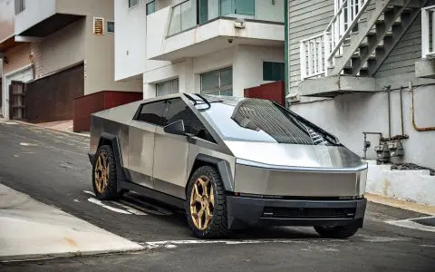 Stainless Steel Tesla Cybertruck on 24-Inch UP Forged CYBRSPOKE in Satin Bronze