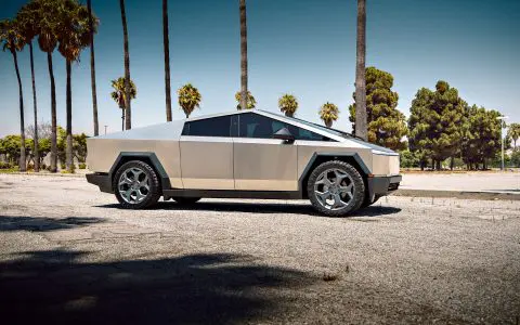 Stainless Steel Tesla Cybertruck on 24-Inch UP Forged CYBRSPOKE in Satin Titanium
