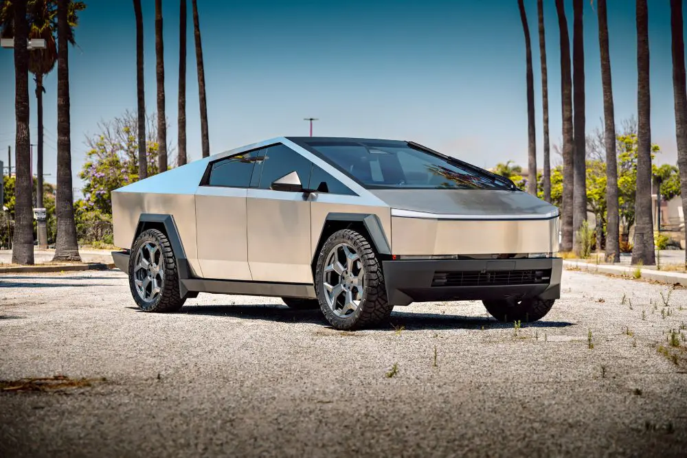 Stainless Steel Tesla Cybertruck on 24-Inch UP Forged CYBRSPOKE in Satin Titanium