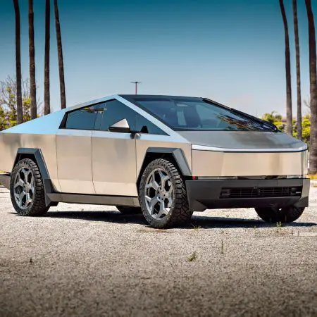 Stainless Steel Tesla Cybertruck on 24-Inch UP Forged CYBRSPOKE in Satin Titanium