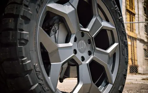 Stainless Steel Tesla Cybertruck on 24-Inch UP Forged CYBRSPOKE in Satin Titanium