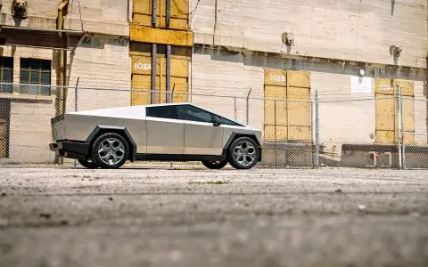 Stainless Steel Tesla Cybertruck on 24-Inch UP Forged CYBRSPOKE in Satin Titanium