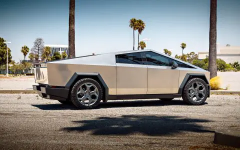 Stainless Steel Tesla Cybertruck on 24-Inch UP Forged CYBRSPOKE in Satin Titanium
