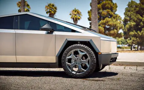 Stainless Steel Tesla Cybertruck on 24-Inch UP Forged CYBRSPOKE in Satin Titanium