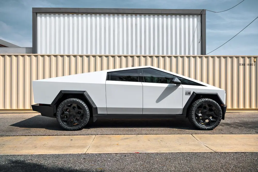 White Wrapped Tesla Cybertruck Foundation Series on 24 inch CYBRHEX Forged Wheels in Gloss Black