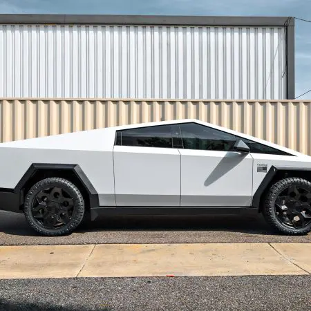 White Wrapped Tesla Cybertruck Foundation Series on 24 inch CYBRHEX Forged Wheels in Gloss Black