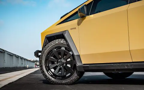Tan Wrapped Tesla Cybertruck with 24-Inch UP Forged CYBRNOVA in Satin Black