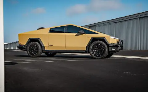 Tan Wrapped Tesla Cybertruck with 24-Inch UP Forged CYBRNOVA in Satin Black
