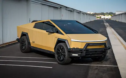 Tan Wrapped Tesla Cybertruck with 24-Inch UP Forged CYBRNOVA in Satin Black