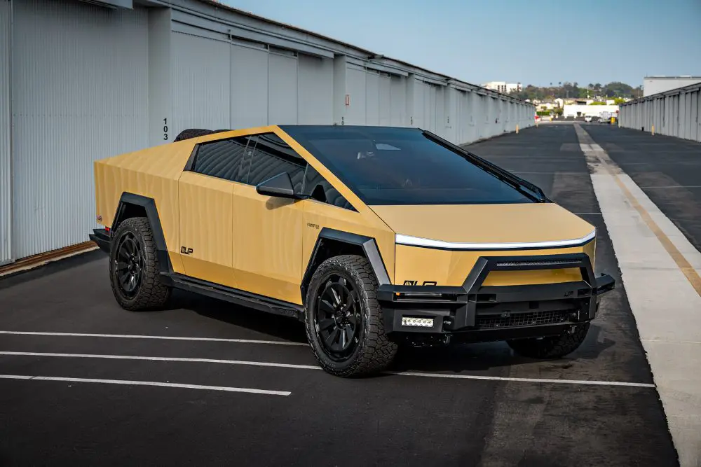 Tan Wrapped Tesla Cybertruck with 24-Inch UP Forged CYBRNOVA in Satin Black