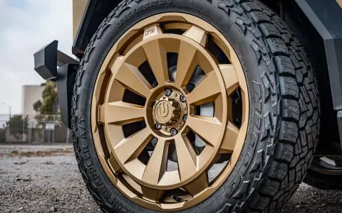 Tan Wrapped Tesla Cybertruck with 24-inch UP Forged CYBRNOVA in Satin Bronze