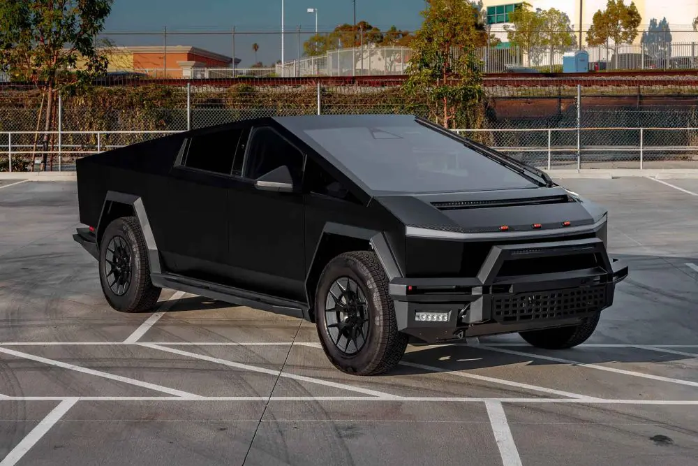 Satin Black Tesla Cybertruck on 20-Inch UP Forged UP-RW Wheels in Satin Black, Satin Gunmetal Ring