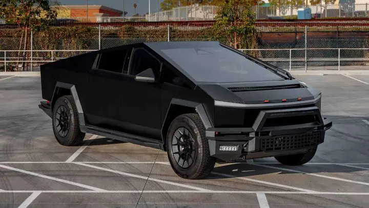 Satin Black Tesla Cybertruck on 20-Inch UP Forged UP-RW Wheels in Satin Black, Satin Gunmetal Ring