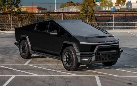 Satin Black Tesla Cybertruck on 20-Inch UP Forged UP-RW Wheels in Satin Black, Satin Gunmetal Ring