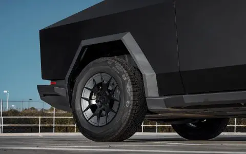 Satin Black Tesla Cybertruck on 20-Inch UP Forged UP-RW Wheels in Satin Black, Satin Gunmetal Ring