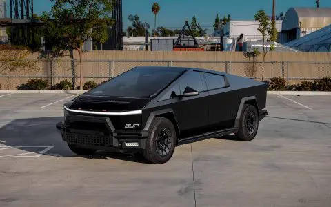 Satin Black Tesla Cybertruck on 20-Inch UP Forged UP-RW Wheels in Satin Black, Satin Gunmetal Ring