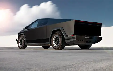 Gloss Black Tesla Cybertruck on 20-Inch UP Forged UP-RW Wheels in Satin Black, Satin Gunmetal Ring