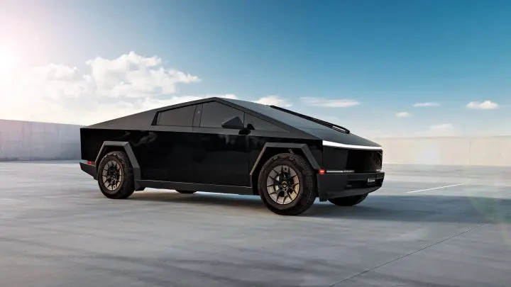 Gloss Black Tesla Cybertruck on 20-Inch UP Forged UP-RW Wheels in Satin Black, Satin Gunmetal Ring